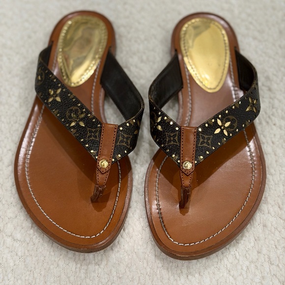 Louis Vuitton Shoes - Louis Vuitton Brown and Black Sandals Flip Flops with Gold Accents 35